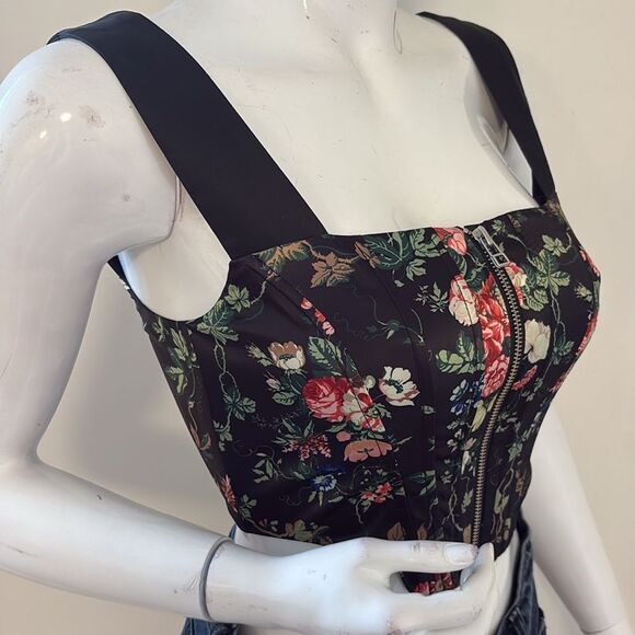 STAUD Black Satin Floral Print Cropped Corset Bustier  Style Top w Exposed Zip - Picture 7 of 7